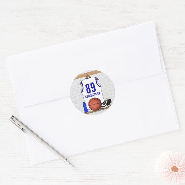 Personalized White and Blue Basketball Jersey Classic Round Sticker (Envelope)