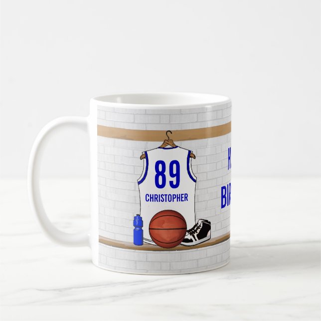 Personalized White and Blue Basketball Jersey Coffee Mug (Left)