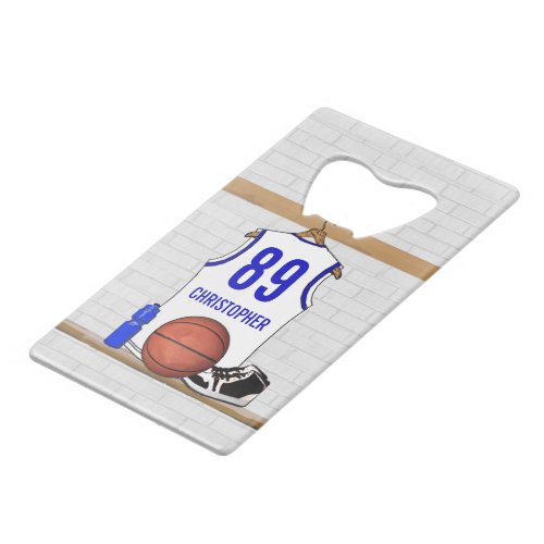 Personalized White and Blue Basketball Jersey Credit Card Bottle Opener