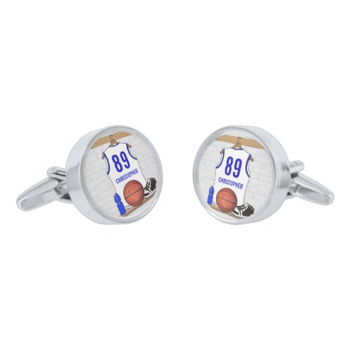 Personalized White and Blue Basketball Jersey Cufflinks