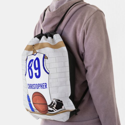 Personalized White and Blue Basketball Jersey Drawstring Bag