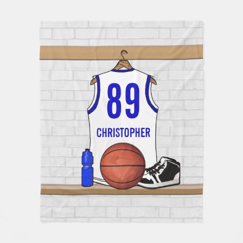 Personalized White and Blue Basketball Jersey Fleece Blanket