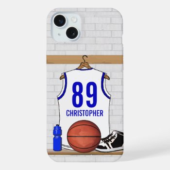 Personalized White And Blue Basketball Jersey Iphone 15 Plus Case by giftsbonanza at Zazzle