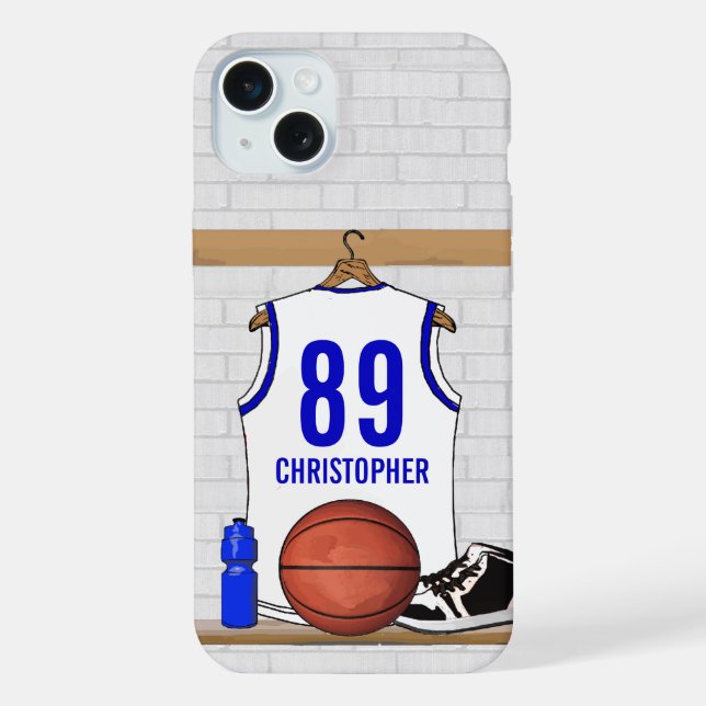 Personalized White and Blue Basketball Jersey iPhone Case (Back)