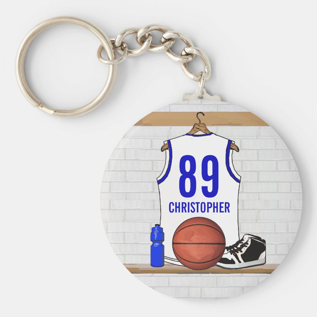 Personalized White and Blue Basketball Jersey Keychain Zazzle