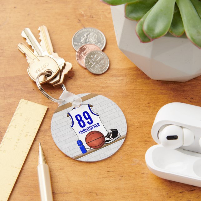 Personalized White and Blue Basketball Jersey Keychain (Desk)
