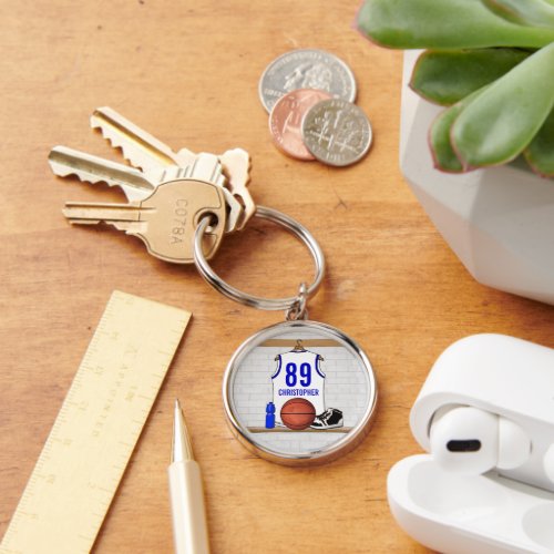 Personalized White and Blue Basketball Jersey Keychain