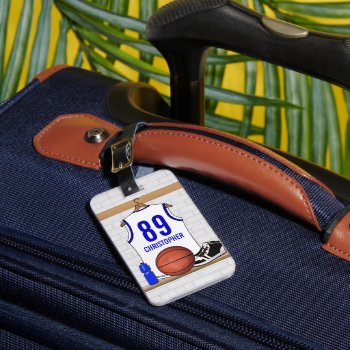 Personalized White And Blue Basketball Jersey Luggage Tag by giftsbonanza at Zazzle