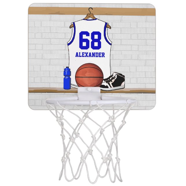 Personalized White and Blue Basketball Jersey Mini Basketball Hoop (Front)