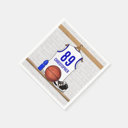 Personalized White and Blue Basketball Jersey Napkins