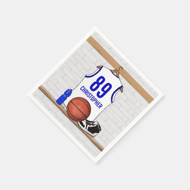 Personalized White and Blue Basketball Jersey Napkins (Corner)