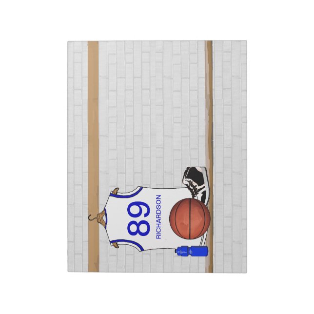 Personalized White and Blue Basketball Jersey Notepad (Rotated)