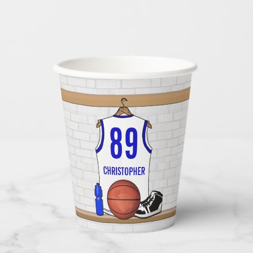 Personalized White and Blue Basketball Jersey Paper Cups