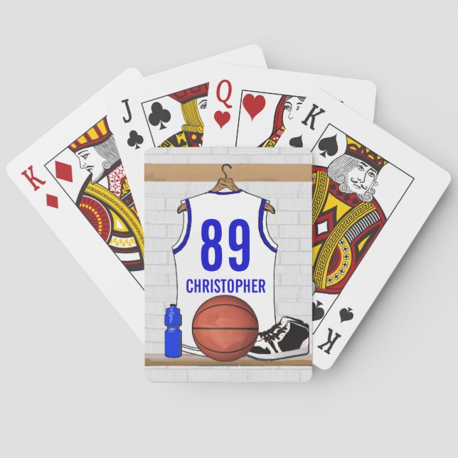 Personalized White and Blue Basketball Jersey Poker Cards (Back)