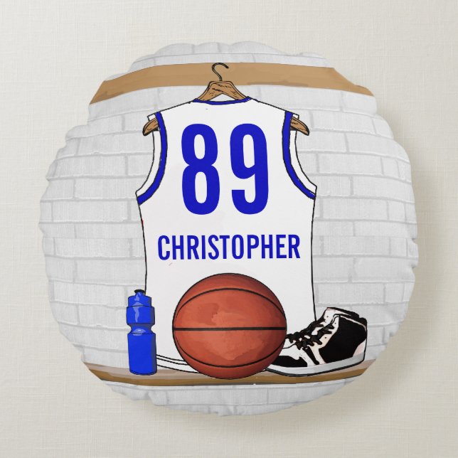Personalized White and Blue Basketball Jersey Round Pillow (Front)