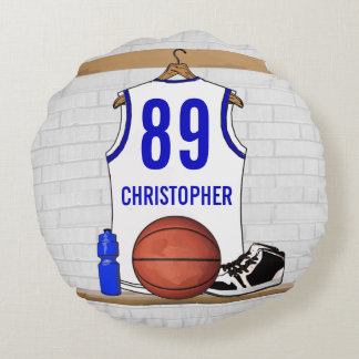 Personalized White and Blue Basketball Jersey Round Pillow