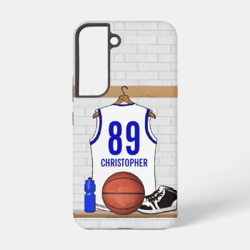 Personalized White And Blue Basketball Jersey Samsung Galaxy S22 Case by giftsbonanza at Zazzle