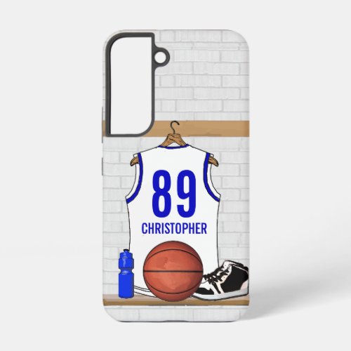 Personalized White and Blue Basketball Jersey Samsung Galaxy S22 Case