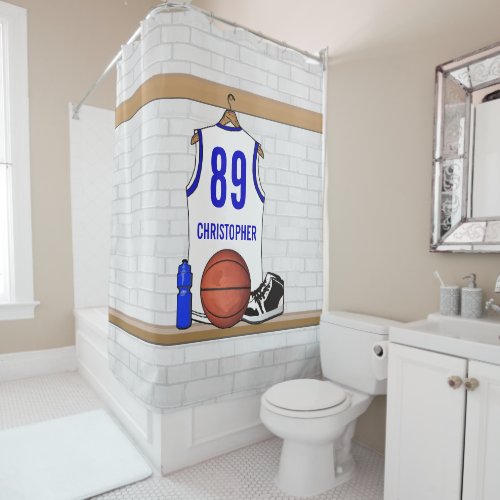 Personalized White and Blue Basketball Jersey Shower Curtain
