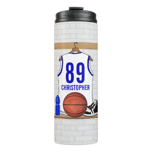 Personalized White and Blue Basketball Jersey Thermal Tumbler