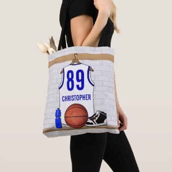 Personalized White And Blue Basketball Jersey Tote Bag by giftsbonanza at Zazzle