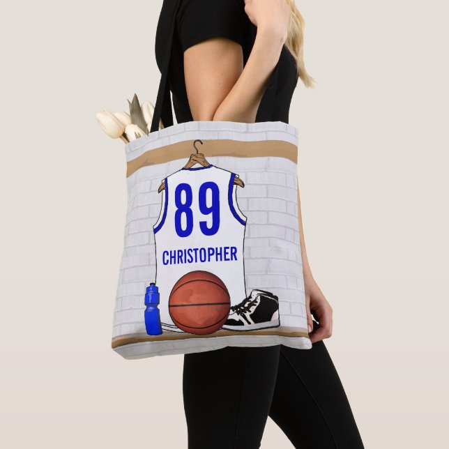 Personalized White and Blue Basketball Jersey Tote Bag (Close Up)
