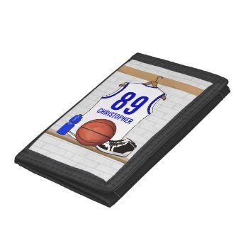 Personalized White And Blue Basketball Jersey Trifold Wallet by giftsbonanza at Zazzle