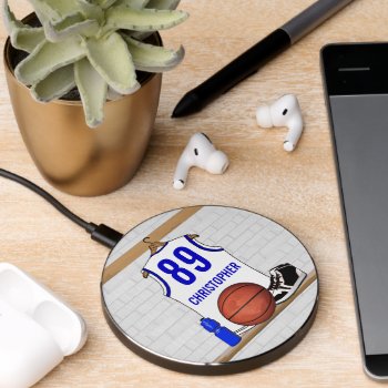 Personalized White And Blue Basketball Jersey Wireless Charger by giftsbonanza at Zazzle