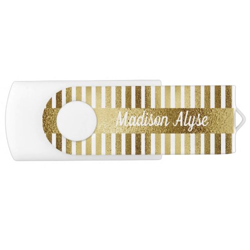 Personalized White and Gold Striped Flash Drive