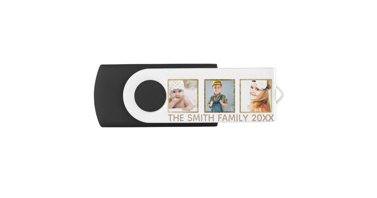 Personalized White and Gold Three Photo Frame Flash Drive Zazzle