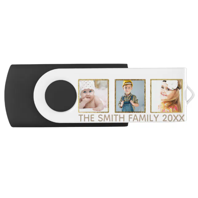 Personalized White and Gold Three Photo Frame Flash Drive Zazzle