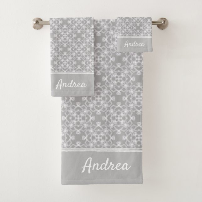 Personalized white and gray pattern bath towel set (Insitu)
