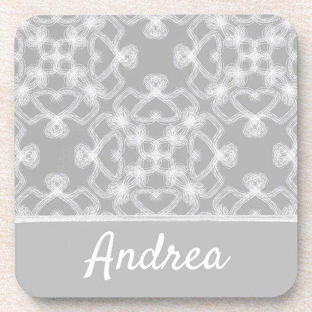 Personalized white and gray pattern beverage coaster (Front)