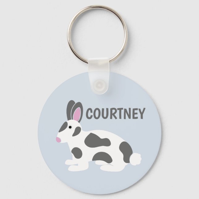 Personalized White and Gray Spotted Bunny Rabbit Keychain (Front)