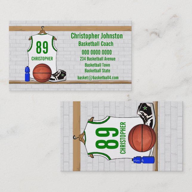 Personalized White and Green Basketball Jersey Business Card (Front/Back)