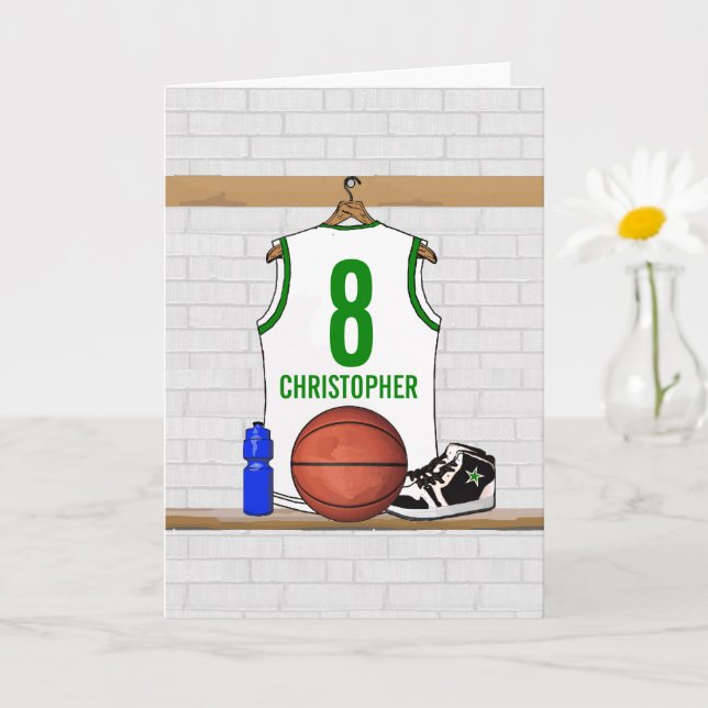 Personalized White and Green Basketball Jersey Card (Small Plant)