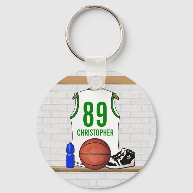 Personalized White and Green Basketball Jersey Keychain (Front)