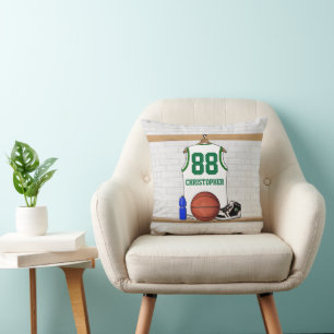 Personalized white and green basketball jersey throw pillow