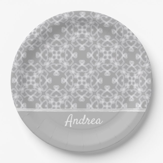 Personalized white and grey pattern paper plates (Front)