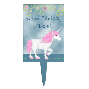 Personalized White and Pink Unicorn Happy Birthday Cake Topper