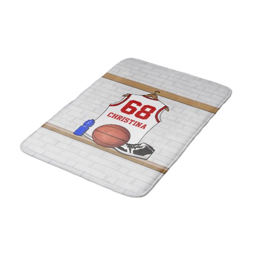 Personalized White and Red Basketball Jersey Bath Mat