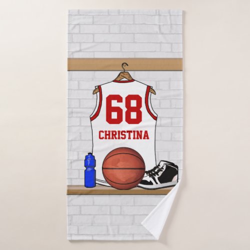Personalized White and Red Basketball Jersey Bath Towel Set
