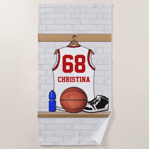 Personalized White and Red Basketball Jersey Beach Towel