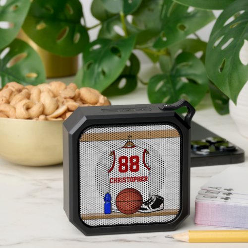 Personalized White and Red Basketball Jersey Bluetooth Speaker
