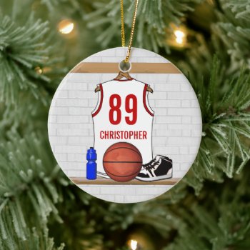 Personalized White And Red Basketball Jersey Ceramic Ornament by giftsbonanza at Zazzle