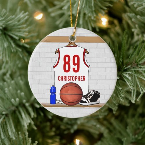 Personalized White and Red Basketball Jersey Ceramic Ornament