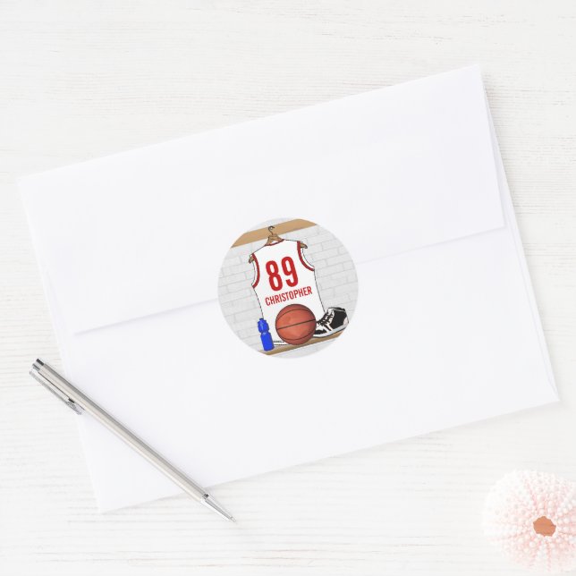 Personalized White and Red Basketball Jersey Classic Round Sticker (Envelope)