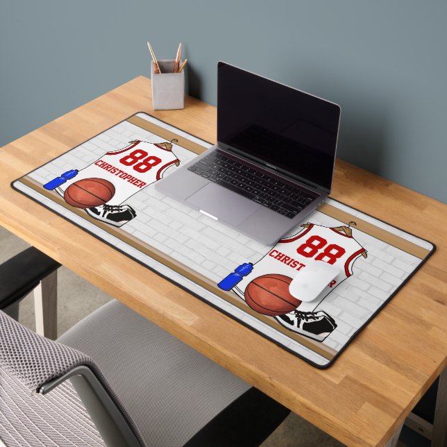 Personalized White and Red Basketball Jersey Desk Mat (Office 2)