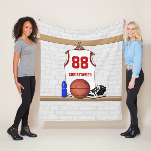 Personalized White and Red Basketball Jersey Fleece Blanket