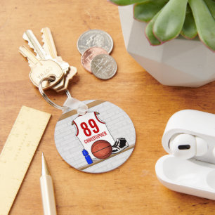 Personalized White and Red Basketball Jersey Keychain